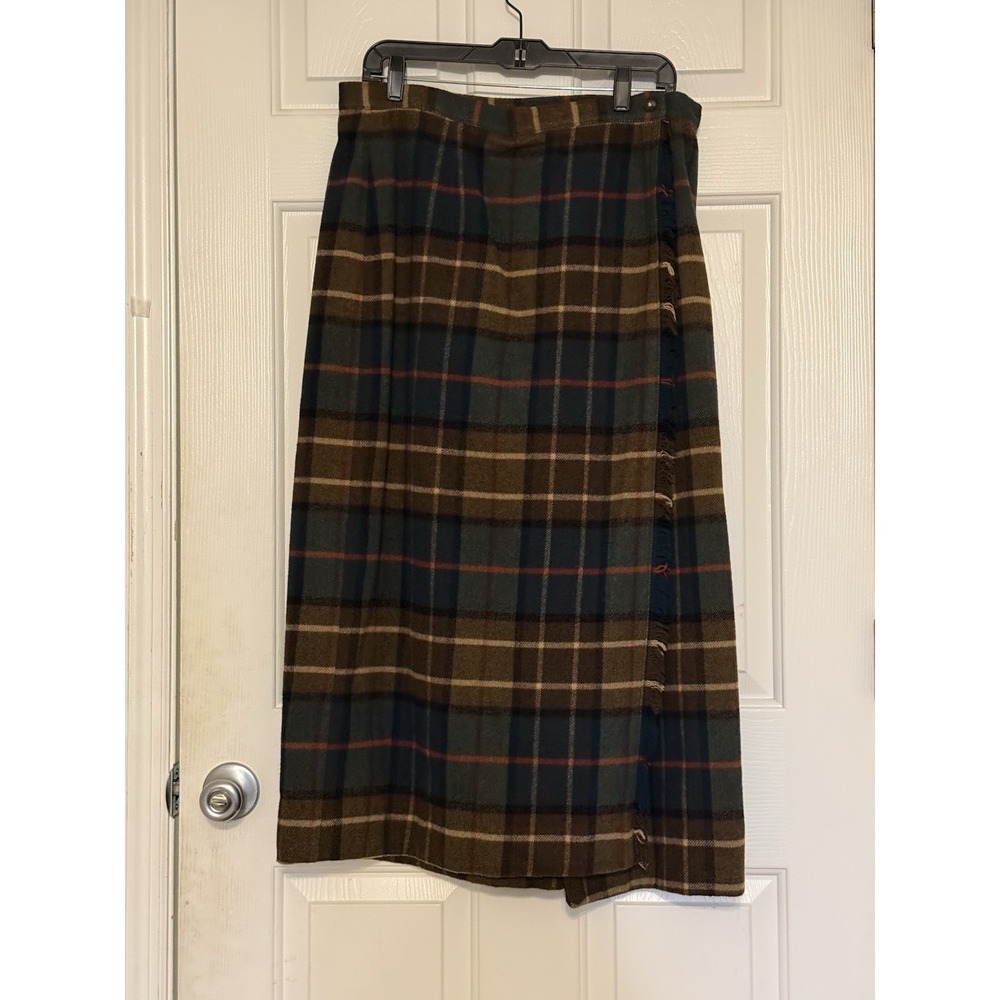 vintage rafaella Plaid Wool Blend Long Wrap Skirt Size 10 Blue Tan Preppy Fall